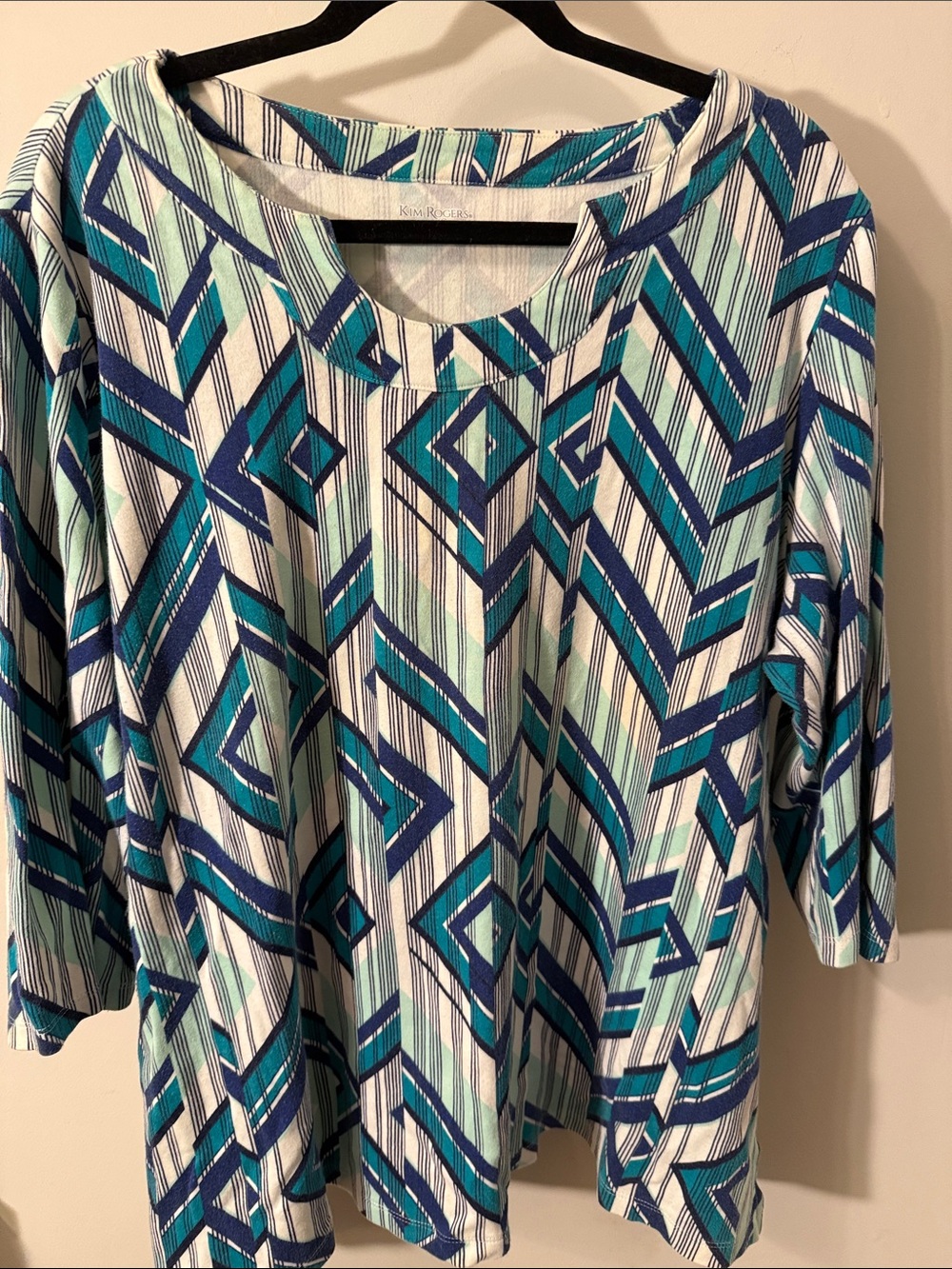 Kim Rogers 2X Navy & Teal Geometric Print Tunic Top in Excellent Condition